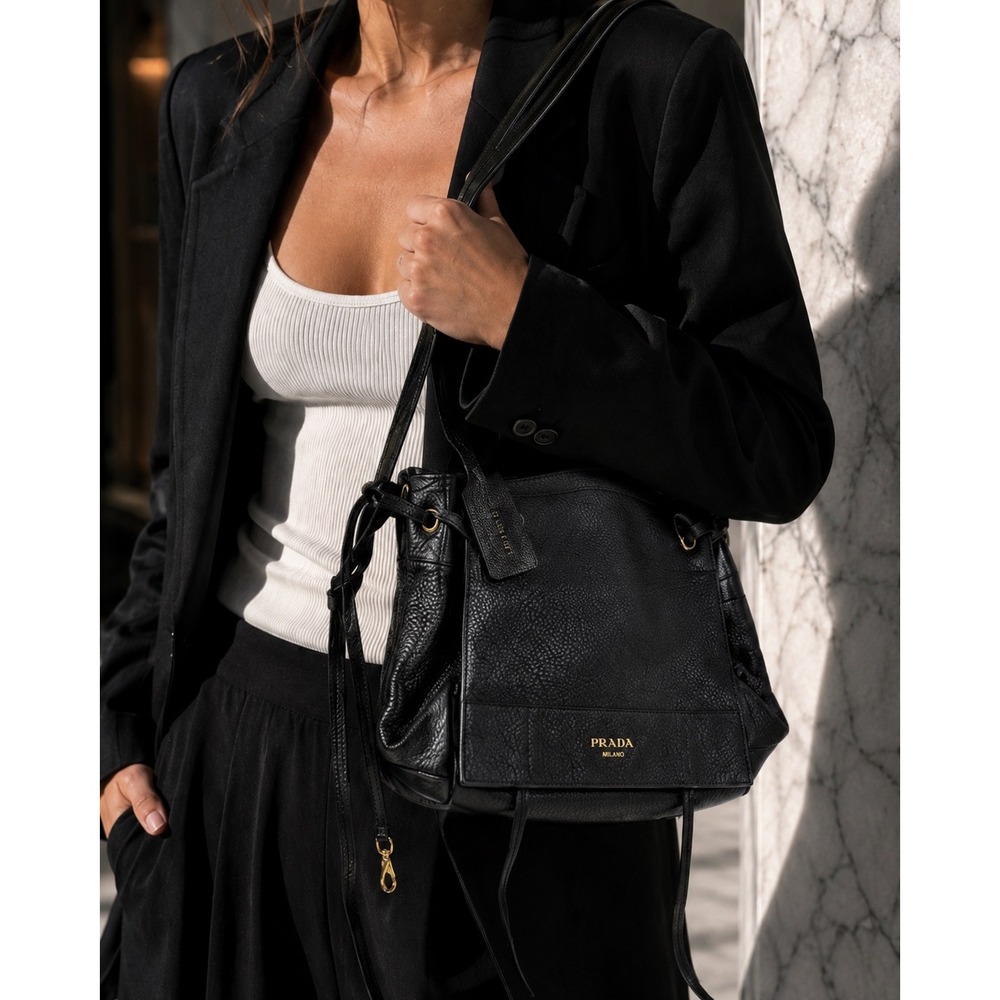 Prada Milano Black‎ Pebbled Leather Drawstring Shoulder Bag Gold Hardware